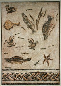 Eenden en mariene fauna, fragment van een vloer uit Utica, Tunesië, 3e-4e eeuw (mozaïek) door Roman Roman
